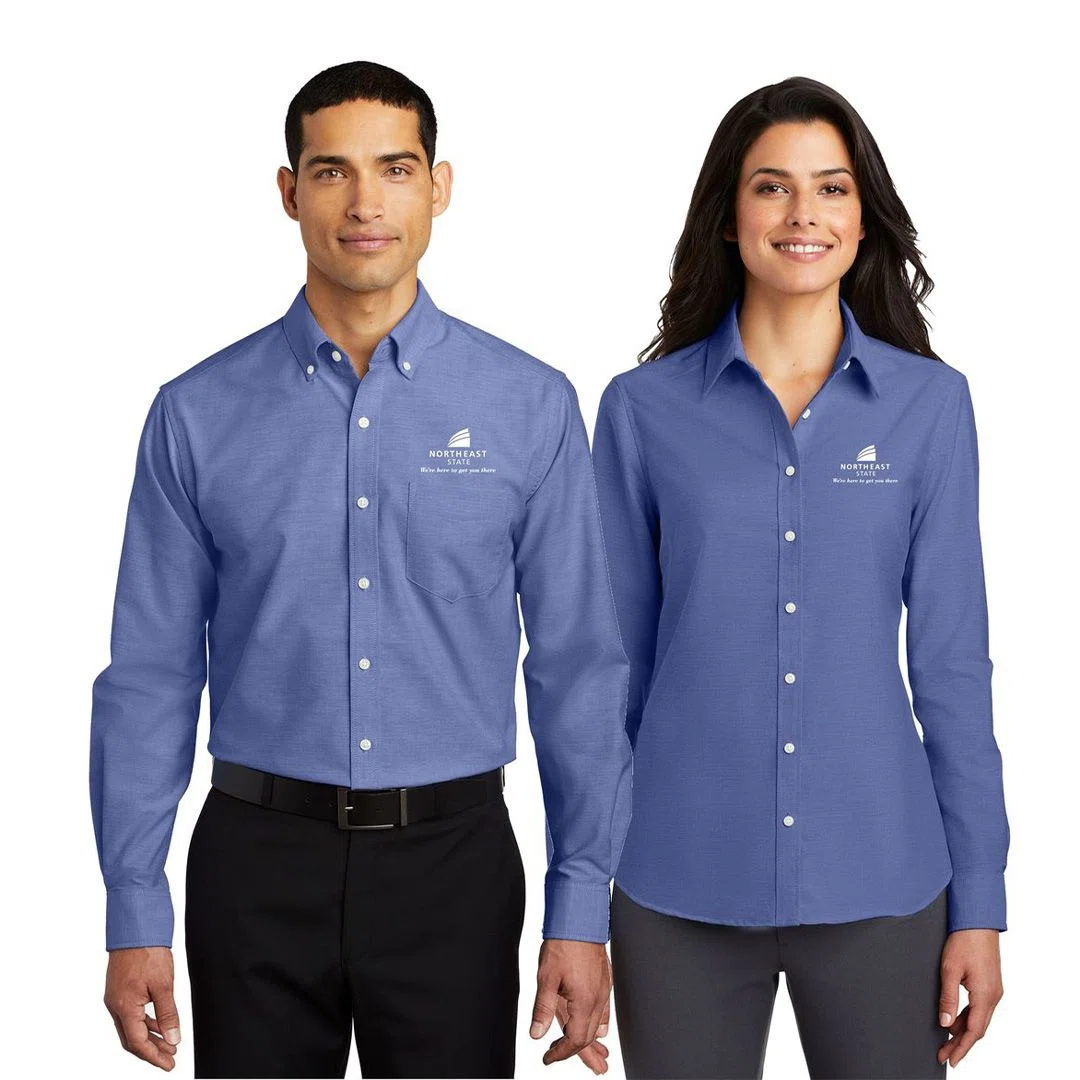 Custom catering dress shirt with a prominently embroidered company logo on the chest, showcasing branding effectiveness and professional appearance.