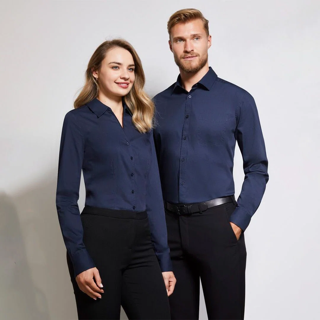 Close-up of a breathable, wrinkle-resistant custom catering dress shirt fabric texture, showing high-quality stitching and smooth surface ideal for hospitality use.