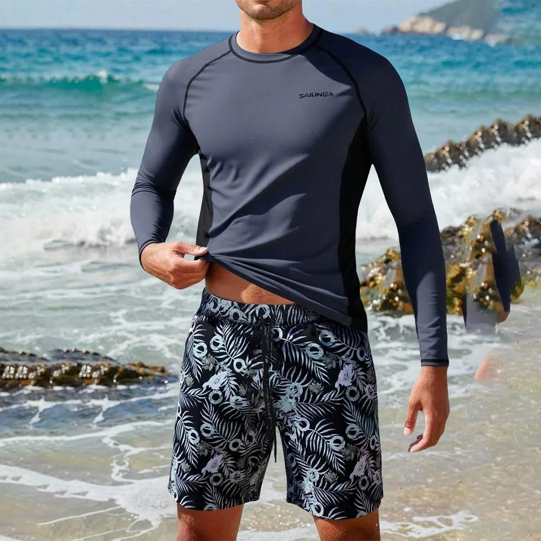 Close-up image showcasing the premium breathable fabric of custom rash guards highlighting its moisture-wicking and UV protection features.