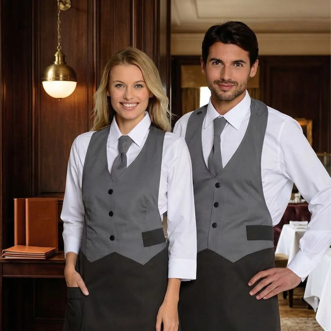 A collection of waiter vests in different colors and styles for customized uniforms.