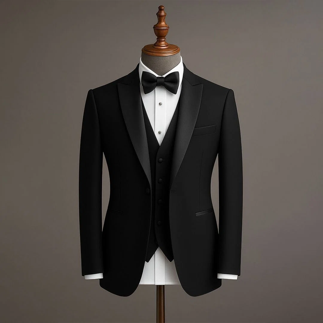 A close-up image showing a perfectly tailored cuff of a custom tuxedo jacket, highlighting premium fabric and craftsmanship detail.