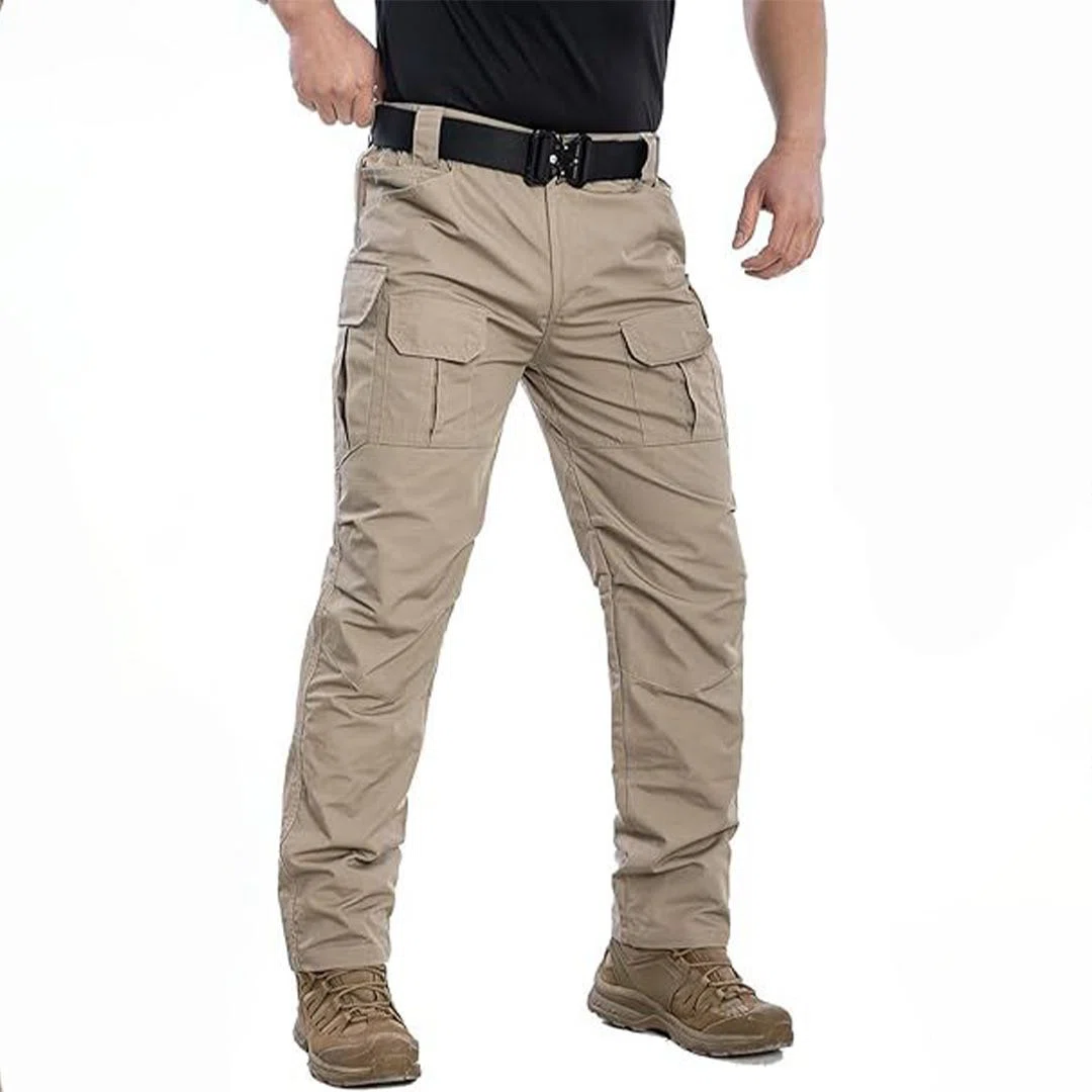 Close-up of tactical cargo pants with multiple customizable pockets designed for easy access to gear.